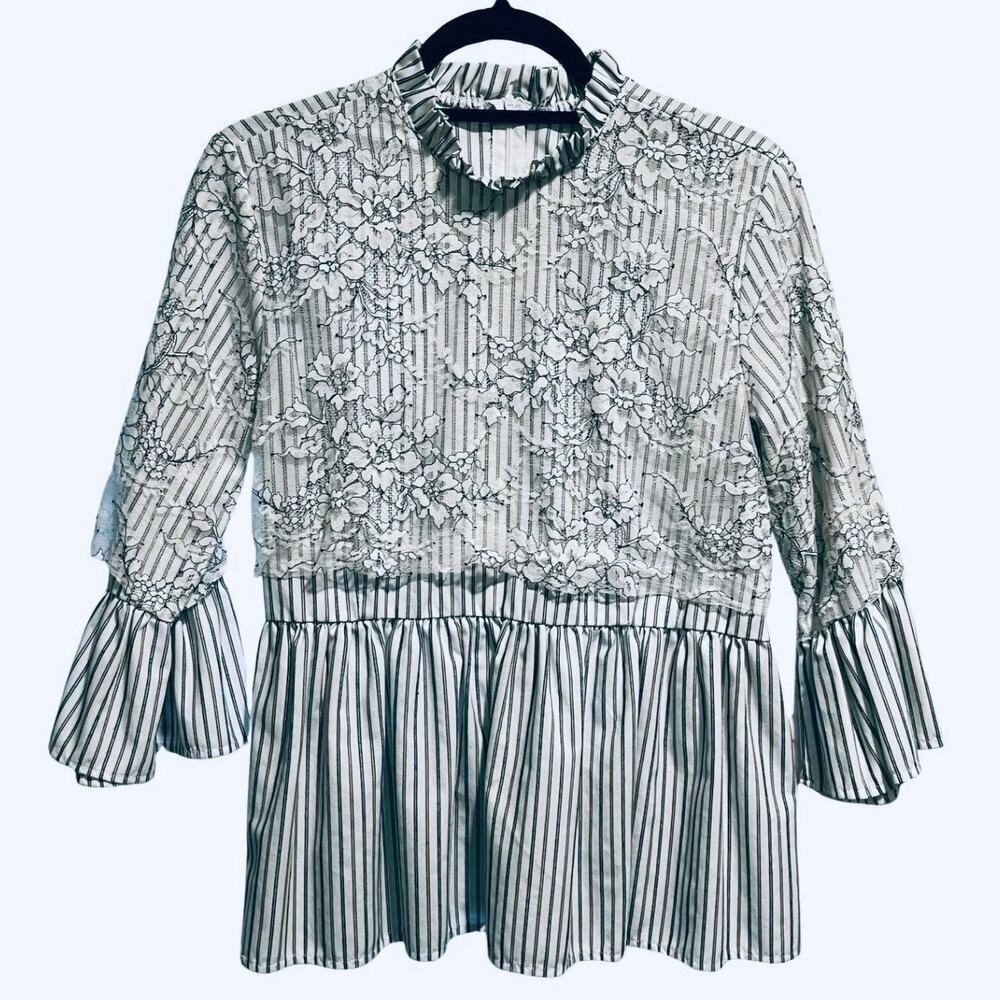 Hannah Lace Stripe Peplum Blouse Mock Neck Small - Picture 3 of 9